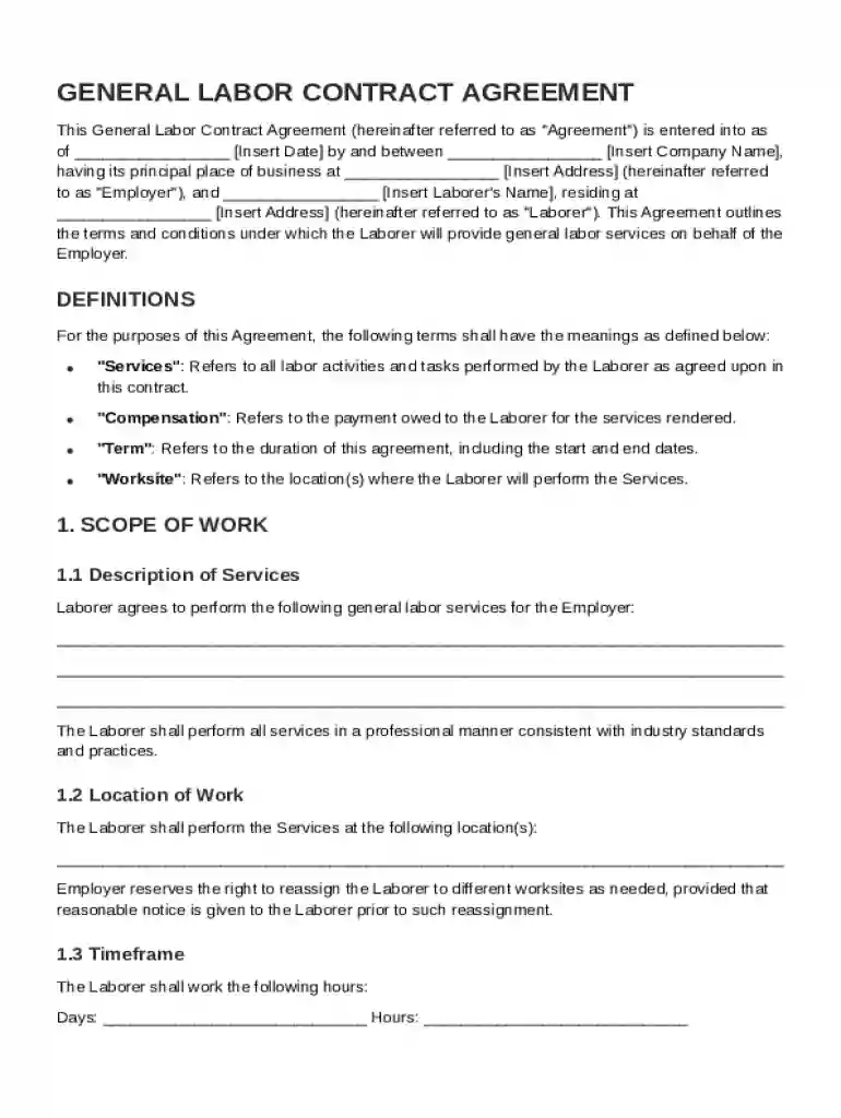 General Labor Contract Template Preview on Page 1
