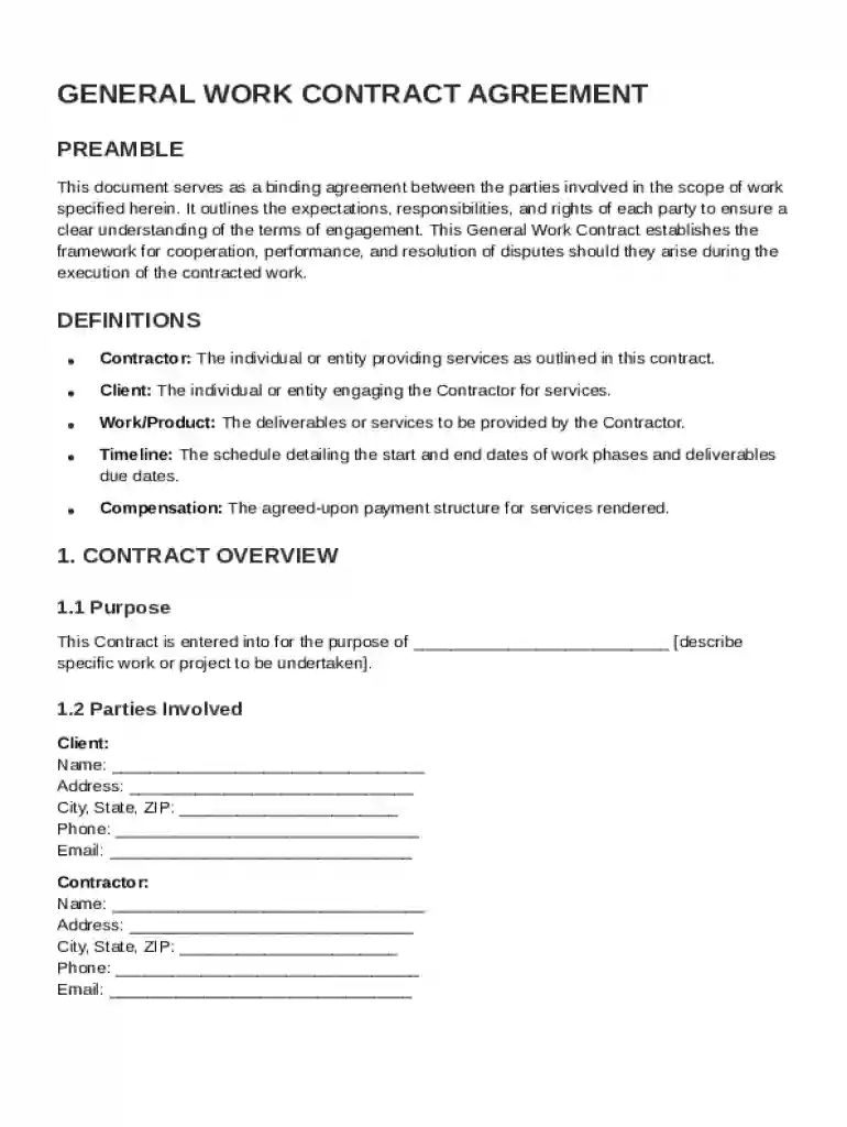 General Work Contract Template Preview on Page 1