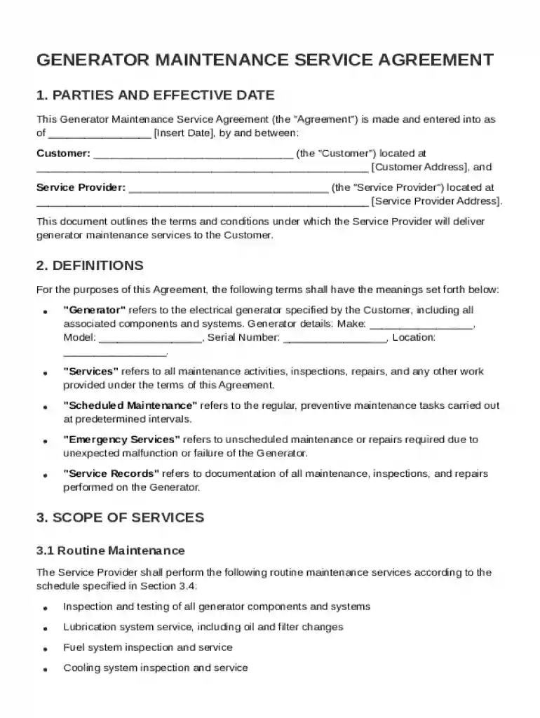 Generator Maintenance Contract Template Preview on Page 1