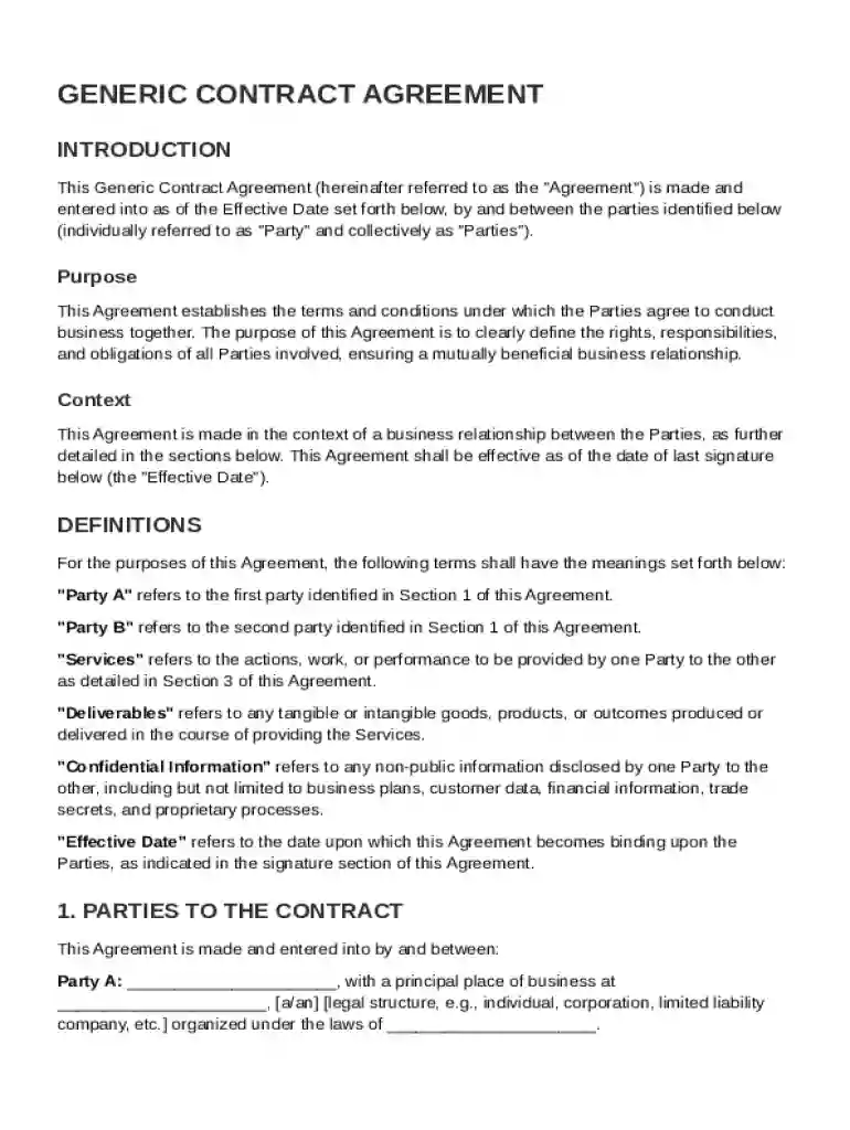 Generic Contract Template Preview on Page 1