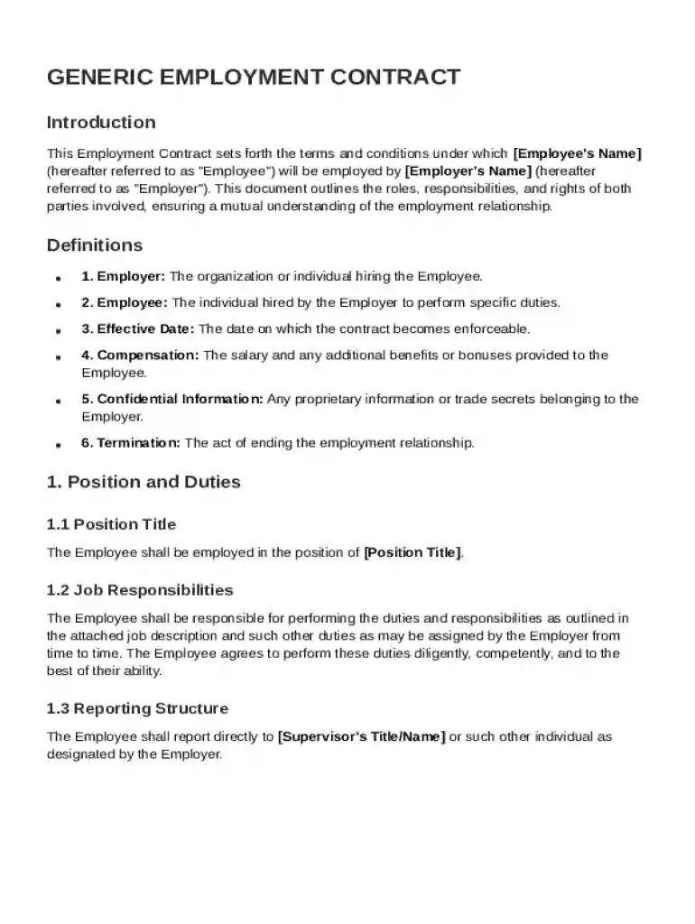 Generic Employment Contract Template Preview on Page 1