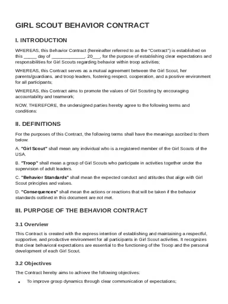 Girl Scout Behavior Contract Template Preview on Page 1