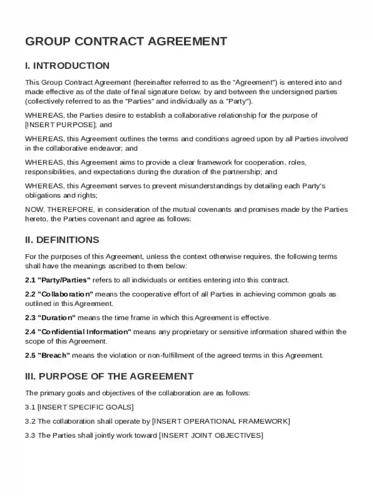 Group Contract Template Preview on Page 1