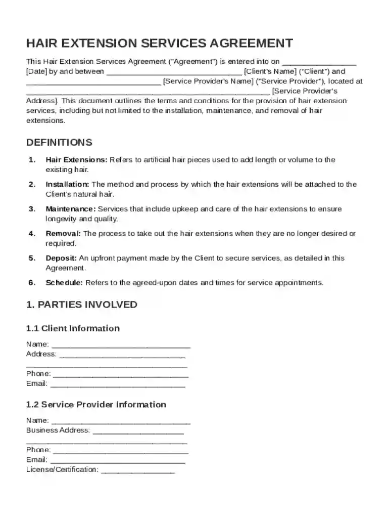 Hair Extension Contract Template Preview on Page 1
