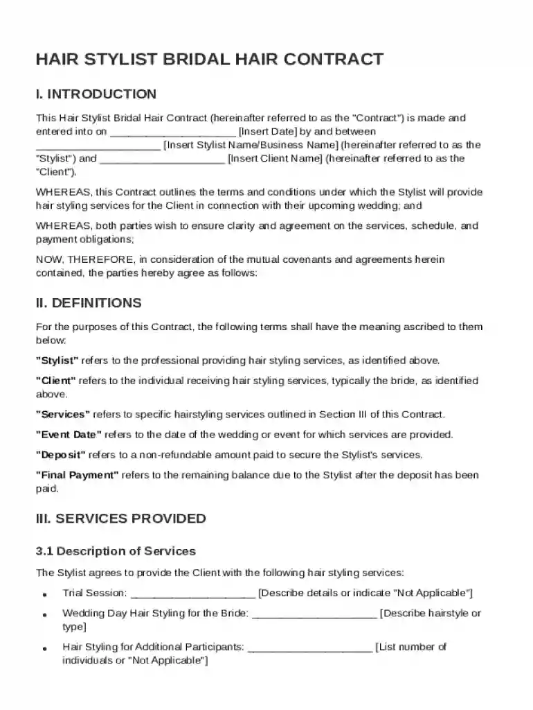 Hair Stylist Bridal Hair Contract Template Preview on Page 1