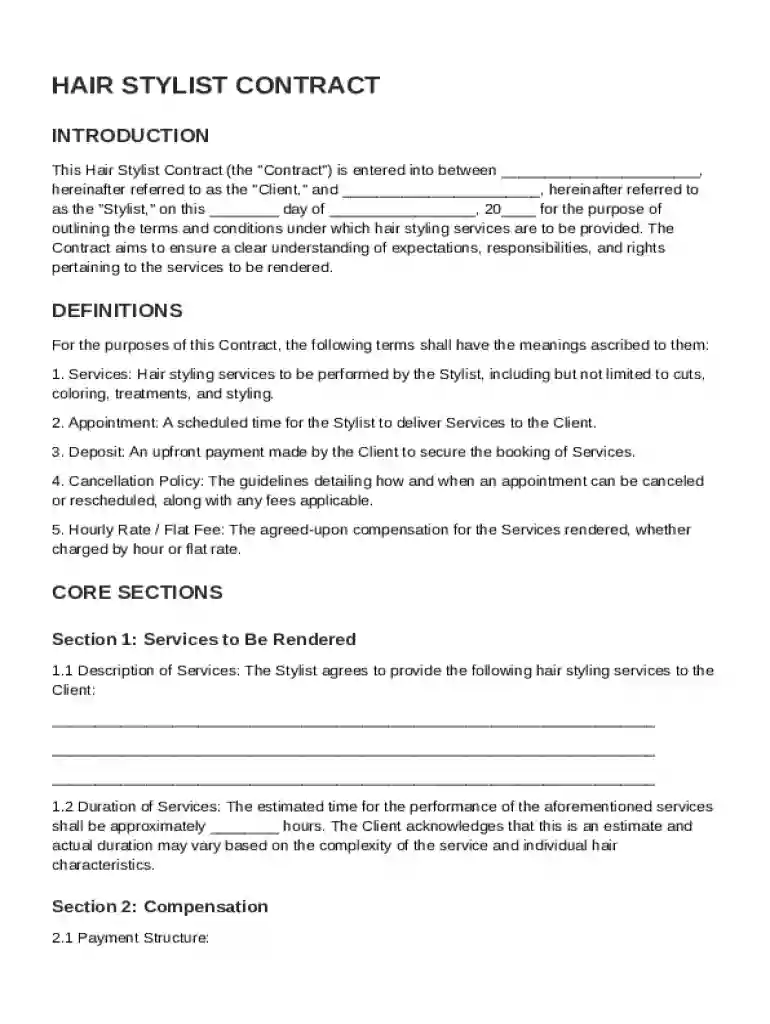 Hair Stylist Contract Template Preview on Page 1