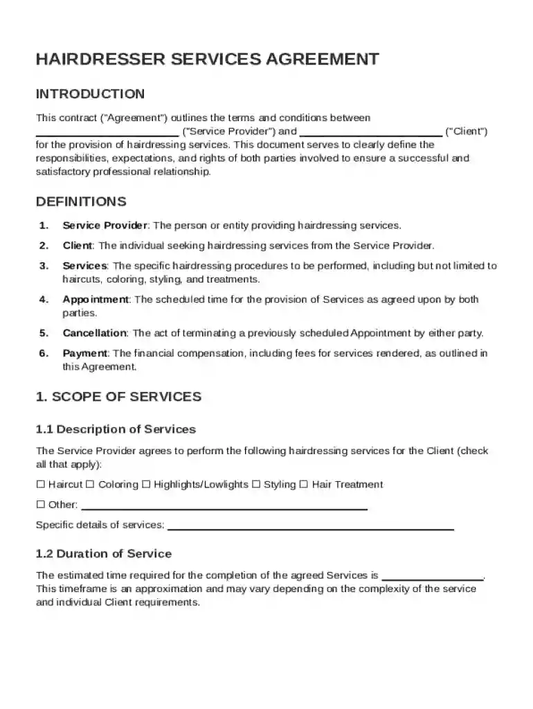 Hairdress Contract Template Preview on Page 1