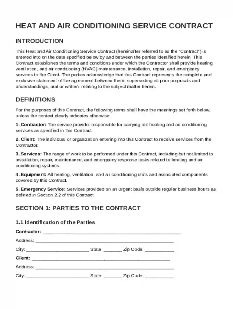Heat And Air Condition Service Contract Template Preview on Page 1