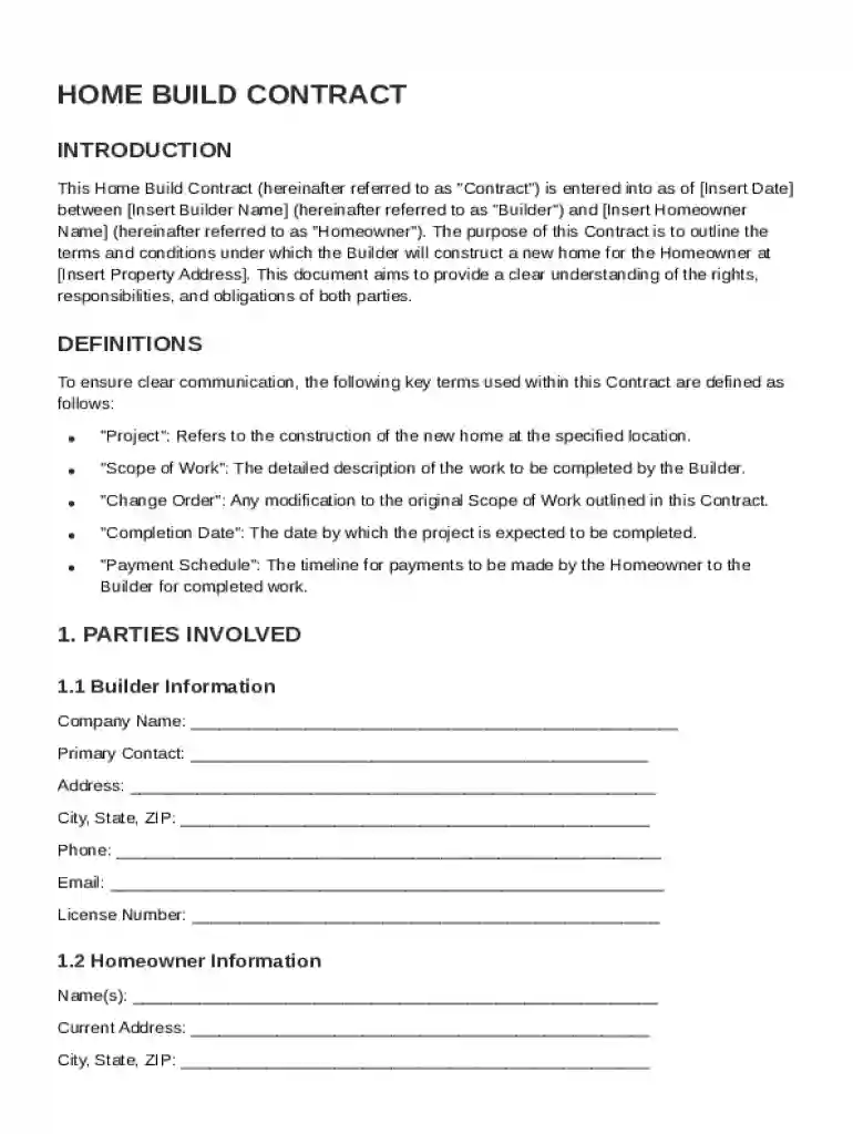 Home Build Contract Template Preview on Page 1