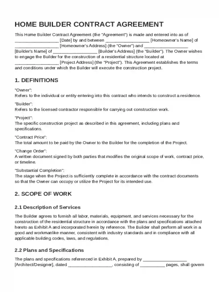 Home Builder Contract Template Preview on Page 1