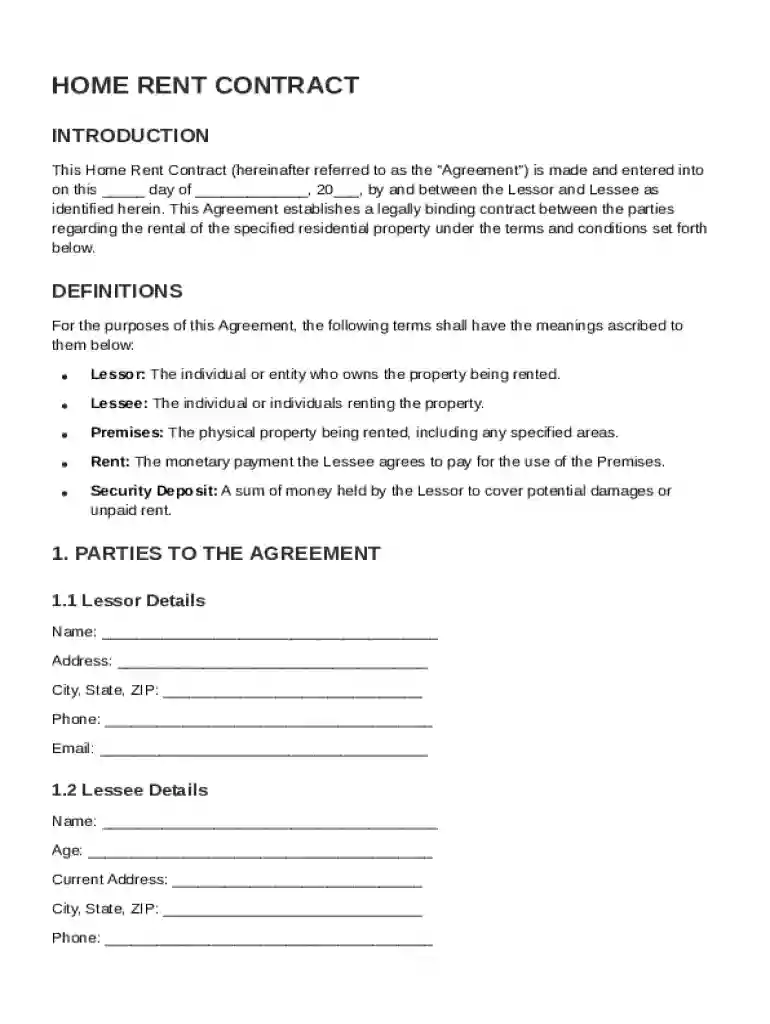 Home Rent Contract Template Preview on Page 1