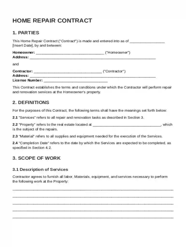 Home Repair Contract Template Preview on Page 1