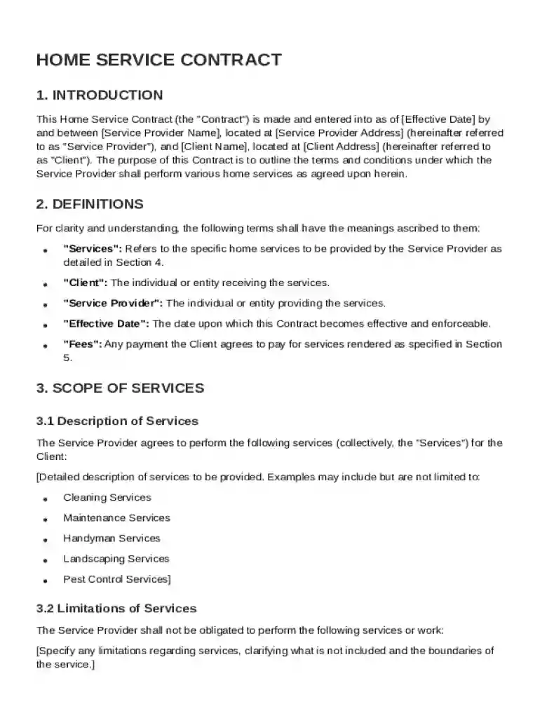 Home Service Contract Template Preview on Page 1