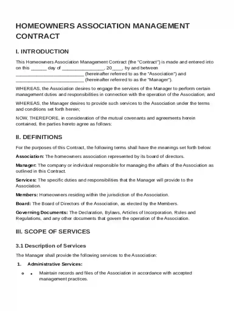 Homeowners Association Management Contract Template Preview on Page 1
