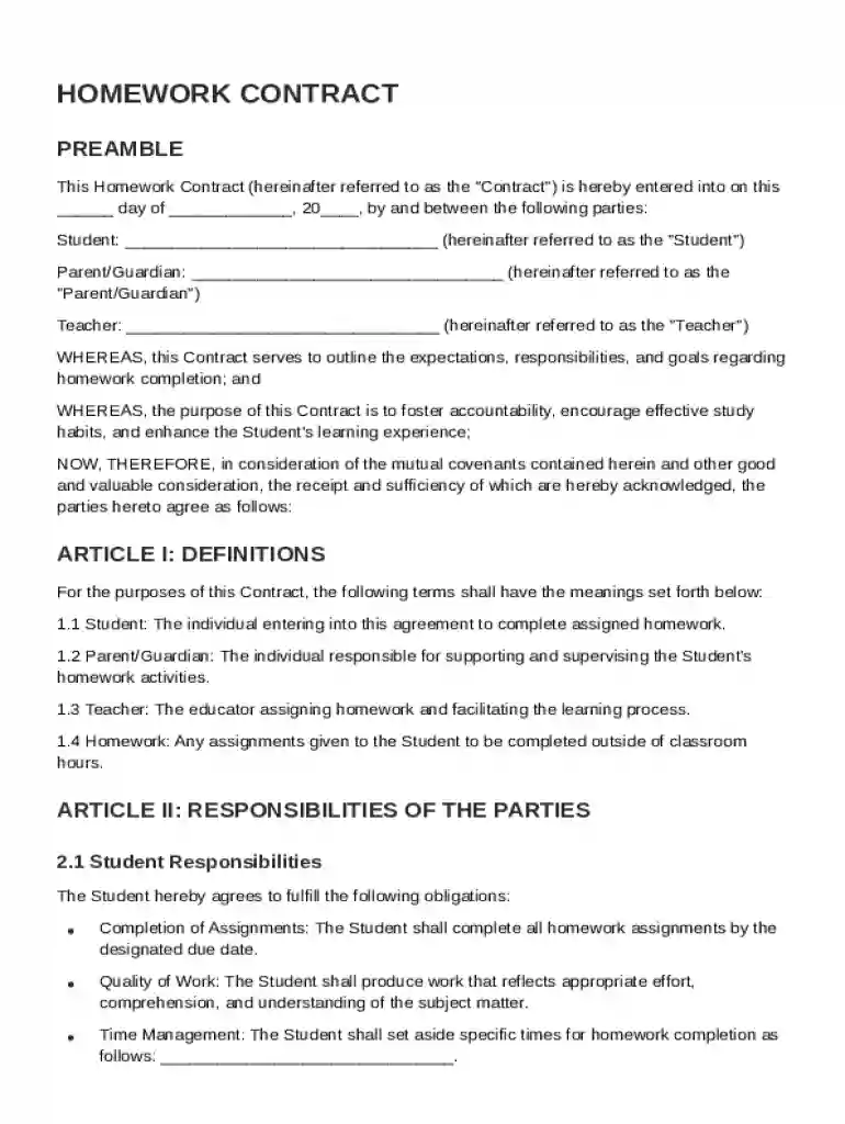 Homework Contract Template Preview on Page 1