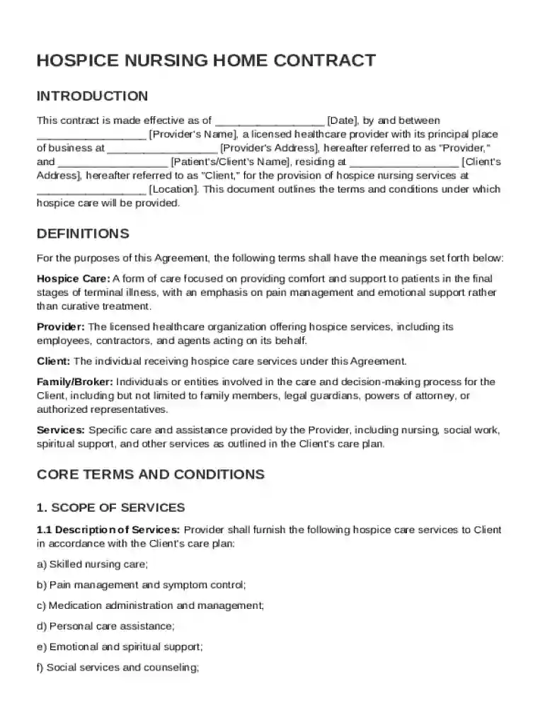 Hospice Nurs Home Contract Template Preview on Page 1