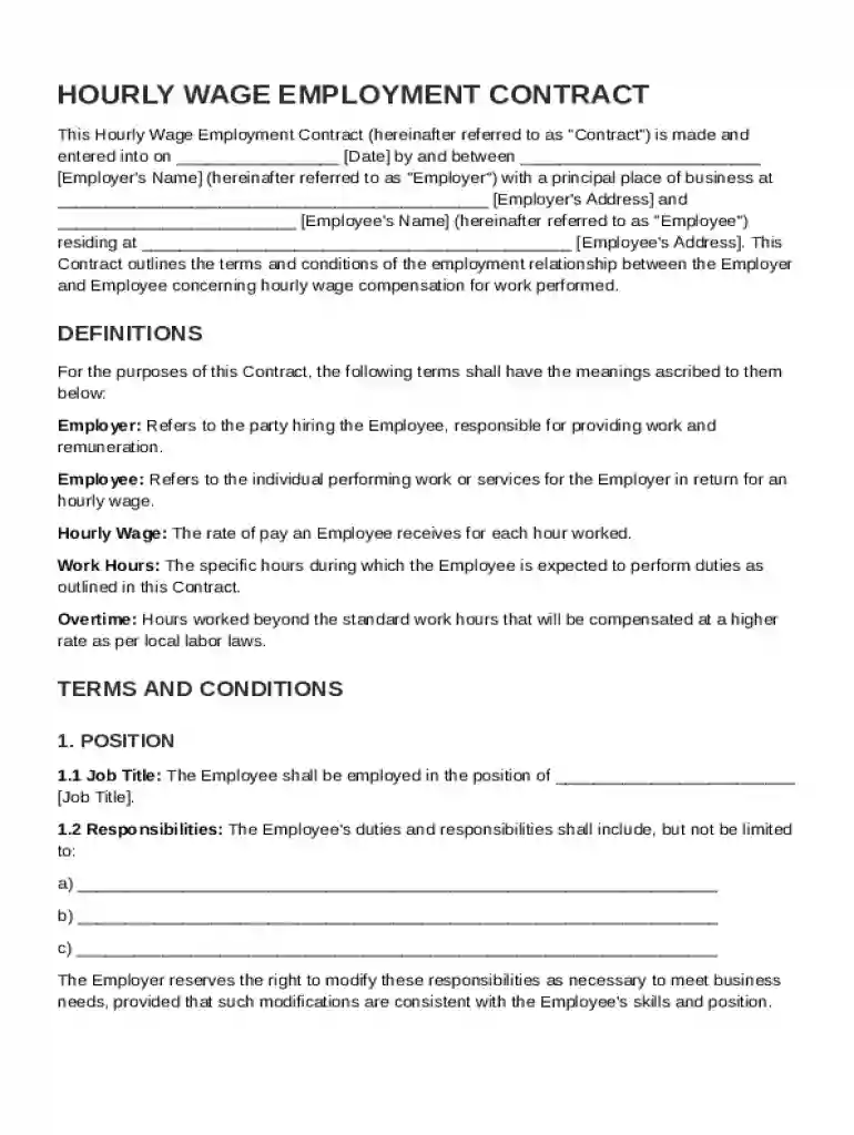 Hourly Wage Contract Template Preview on Page 1