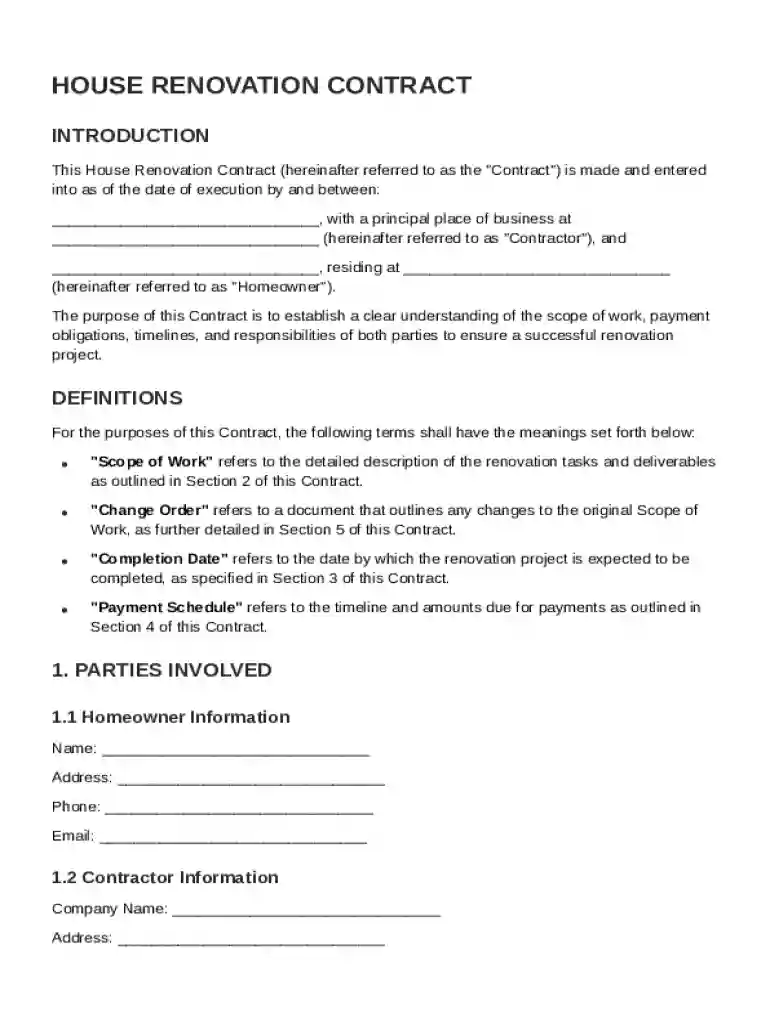 House Renovation Contract Template Preview on Page 1