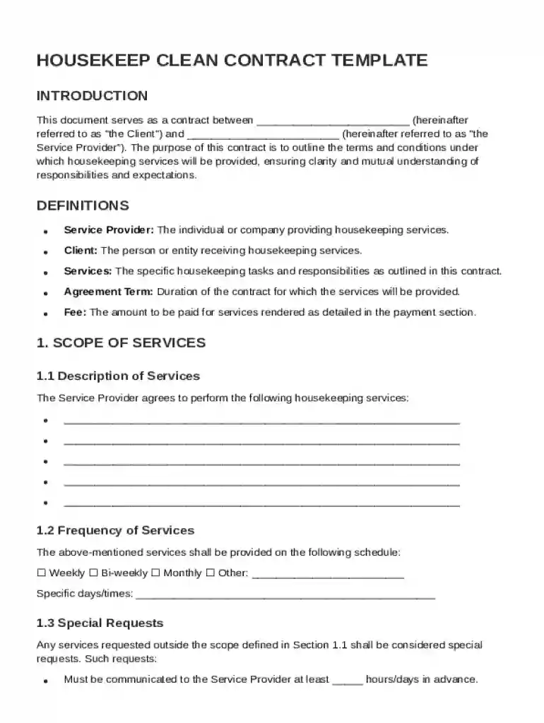 Housekeep Clean Contract Template Preview on Page 1