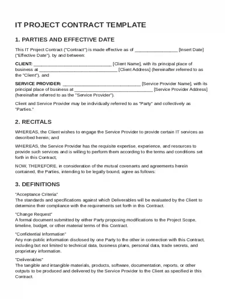 IT Project Contract Template Preview on Page 1