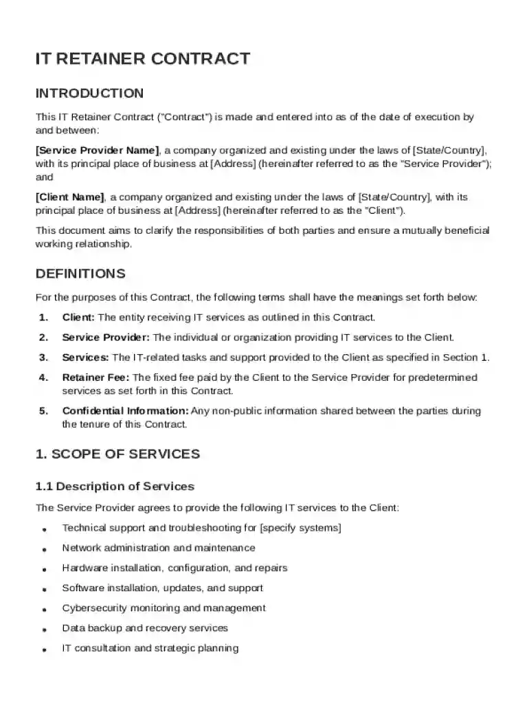 IT Retainer Contract Template Preview on Page 1