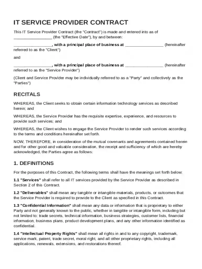 IT Service Provider Contract Template Preview on Page 1