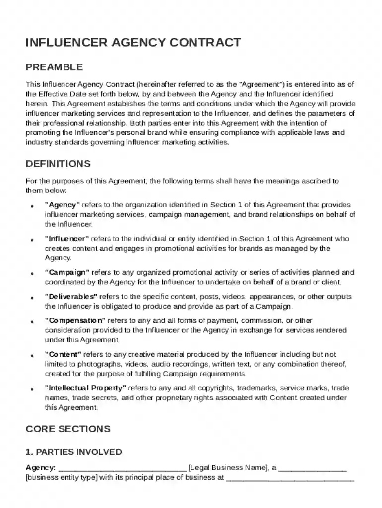 Influencer Agency Contract Template Preview on Page 1