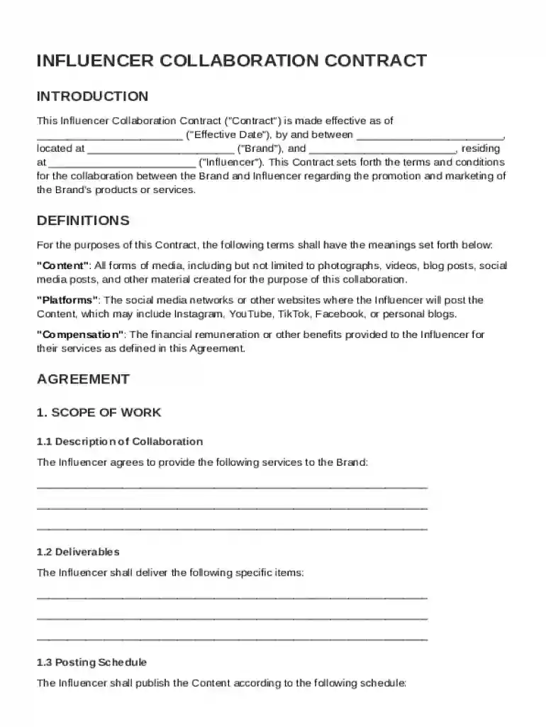 Influencer Collaboration Contract Template Preview on Page 1