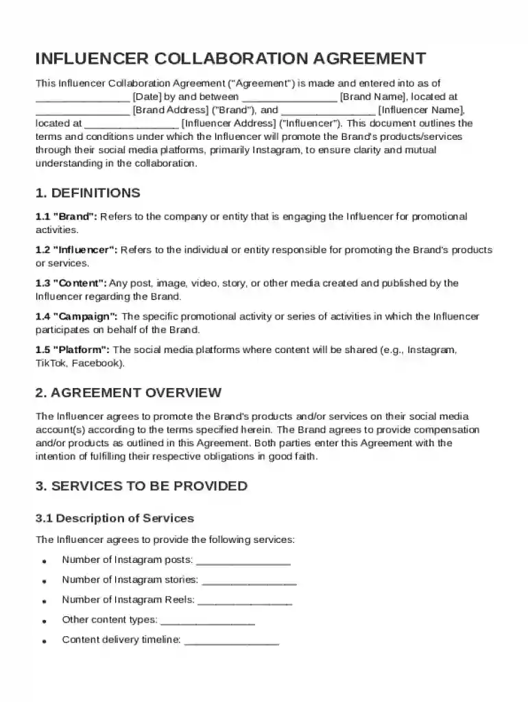 Instagram Influencer Influencer Contract Template Preview on Page 1