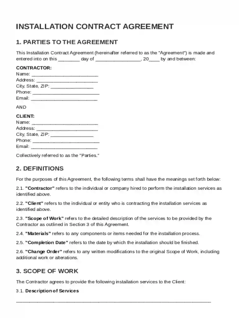 Installation Contract Template Preview on Page 1