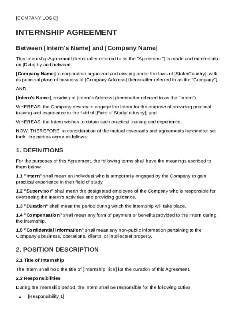 Internship Internship Contract Template Preview on Page 1