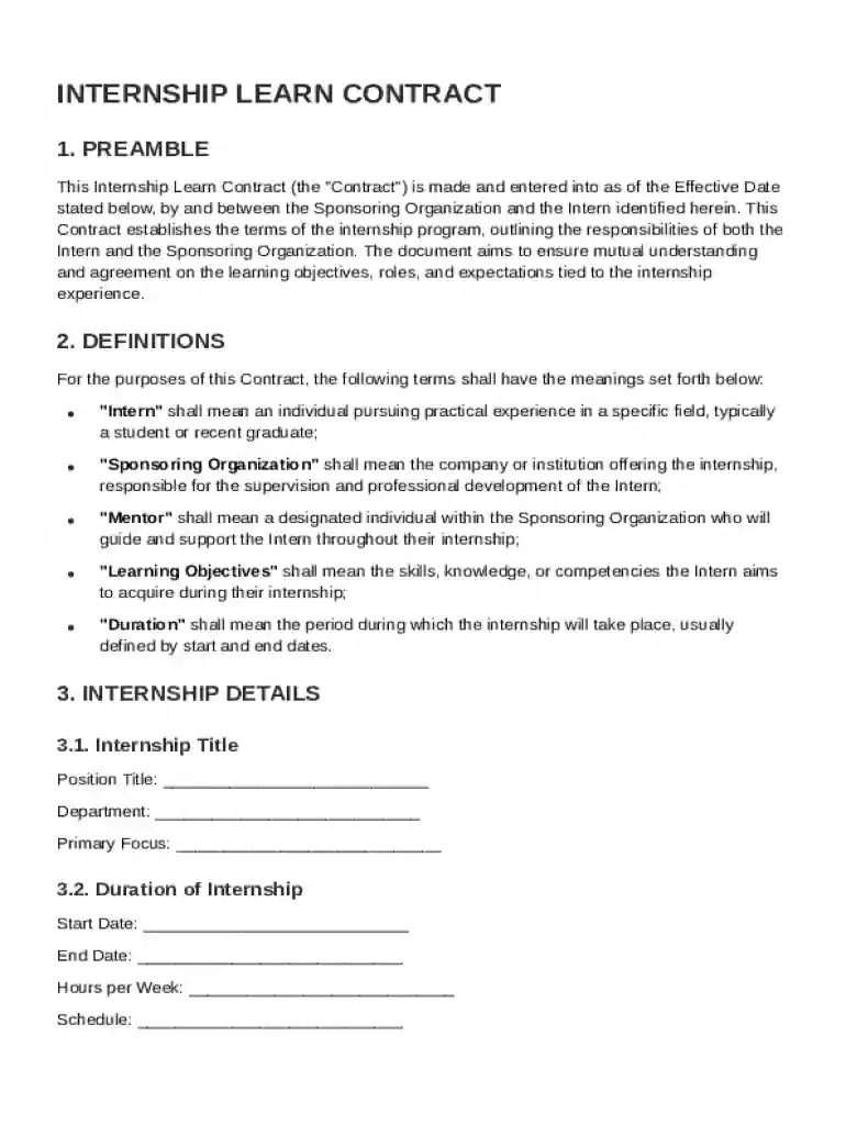 Internship Learn Contract Template Preview on Page 1