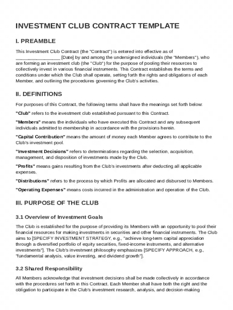 Investment Club Contract Template Preview on Page 1