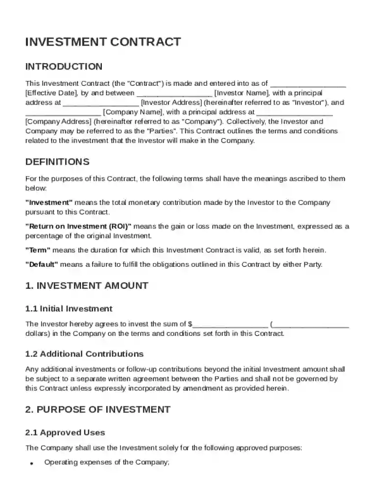 Investment Investment Contract Template Preview on Page 1