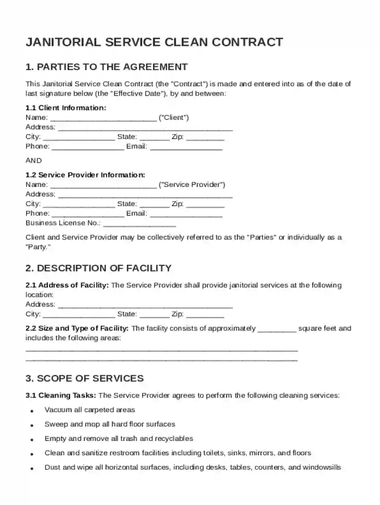 Janitorial Service Clean Contract Template Preview on Page 1