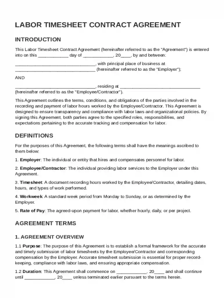 Labor Timesheet Contract Template Preview on Page 1