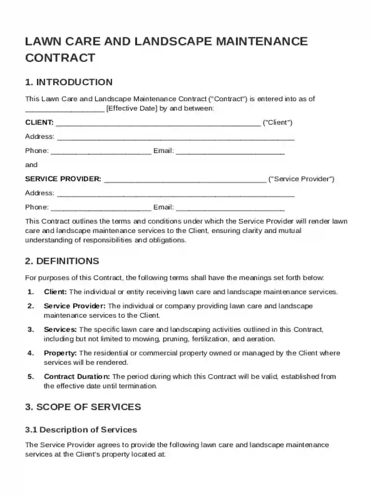 Lawn Care And Landscape Maintenance Contract Template Preview on Page 1