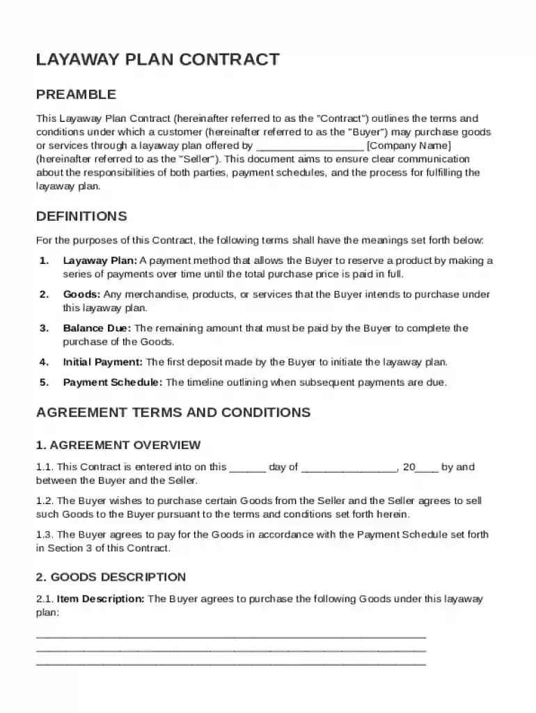 Layaway Plan Contract Template Preview on Page 1
