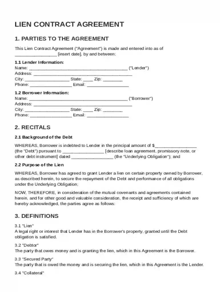 Lien Contract Template Preview on Page 1