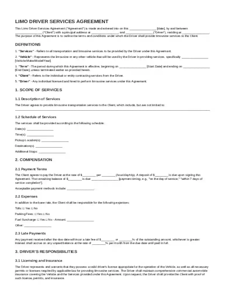 Limo Driver Contract Template Preview on Page 1