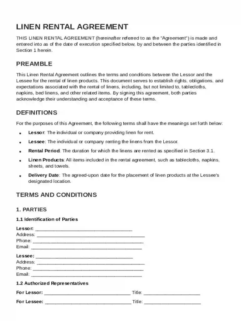 Linen Rental Contract Template Preview on Page 1