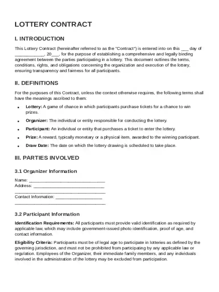 Lottery Contract Template Preview on Page 1