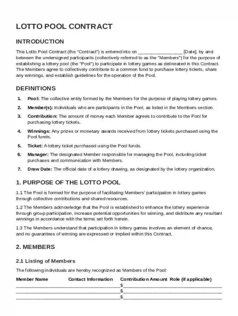 Lotto Pool Contract Template Preview on Page 1
