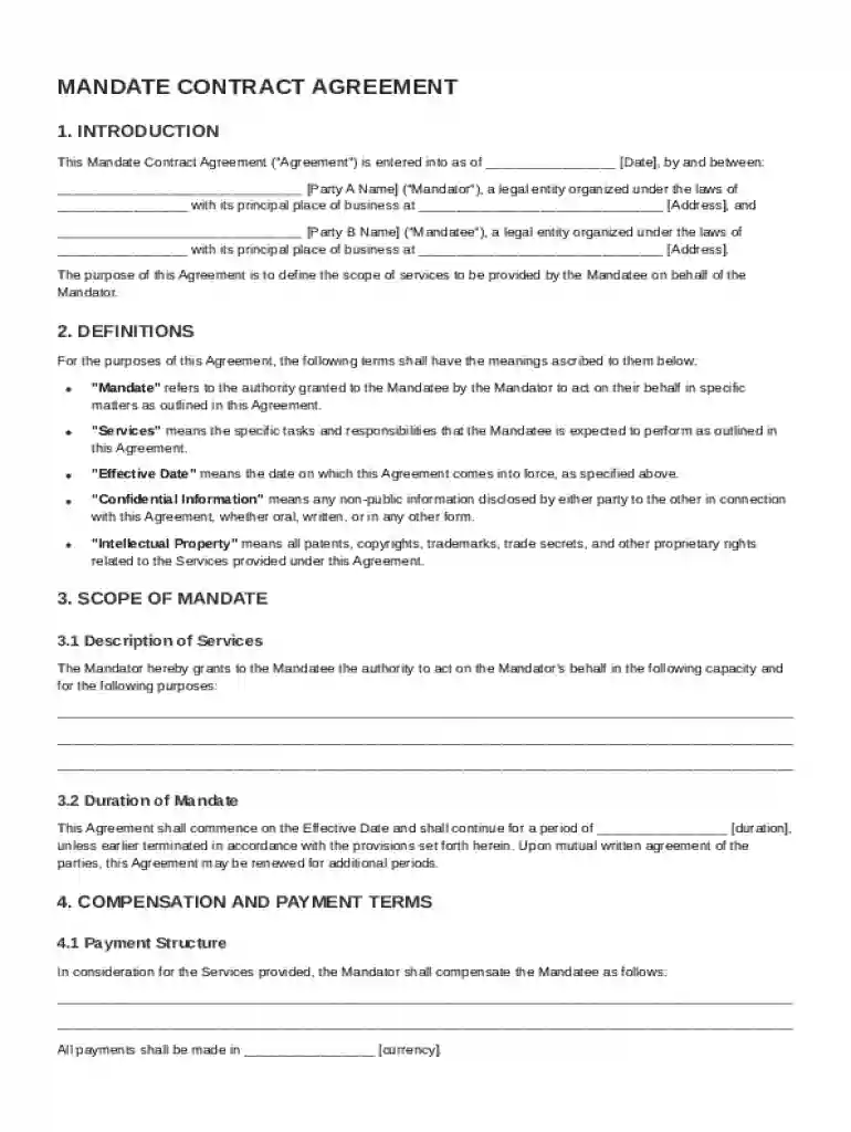 Mandate Contract Template Preview on Page 1