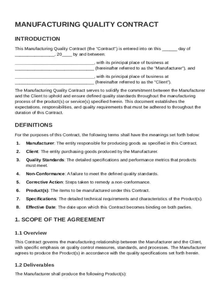 Manufactur Quality Contract Template Preview on Page 1