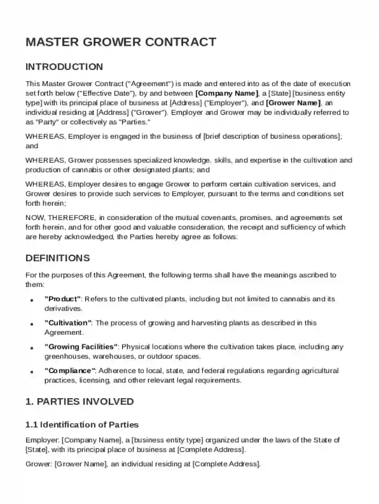 Master Grower Contract Template Preview on Page 1