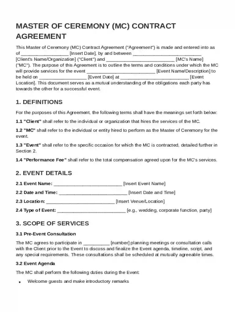 Master Of Ceremony Contract Template Preview on Page 1