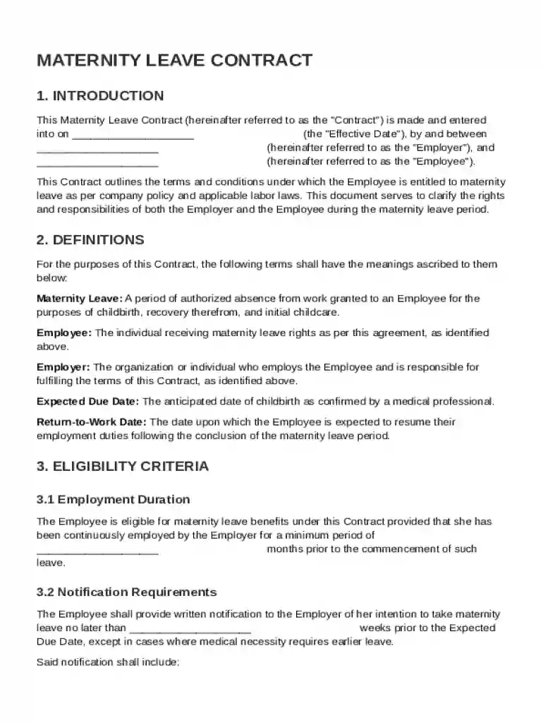Maternity Leave Contract Template Preview on Page 1
