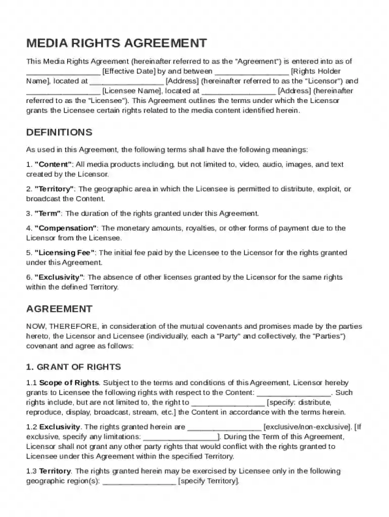 Media Rights Contract Template Preview on Page 1