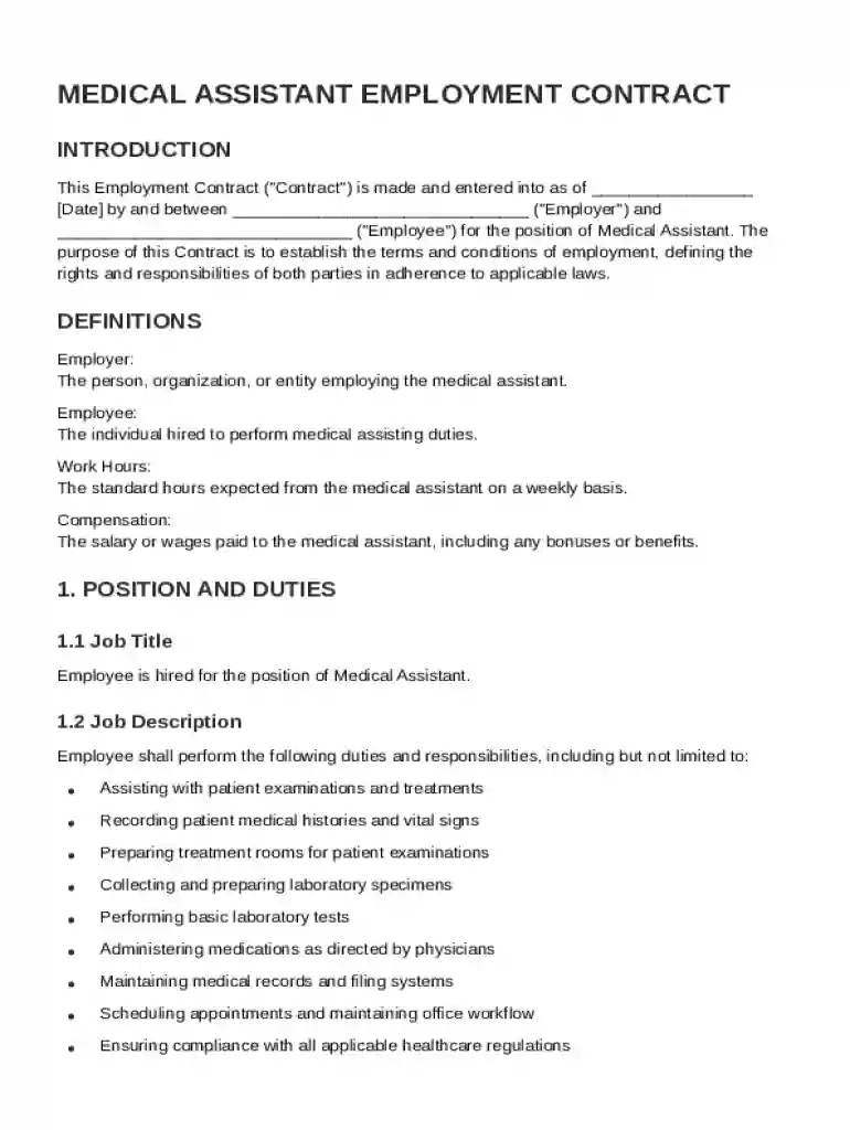 Medical Assistant Employment Contract Template Preview on Page 1